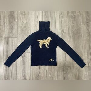 Vintage Ralph Lauren Sport Golden Retriever Dog Navy Turtleneck Sweater Size S